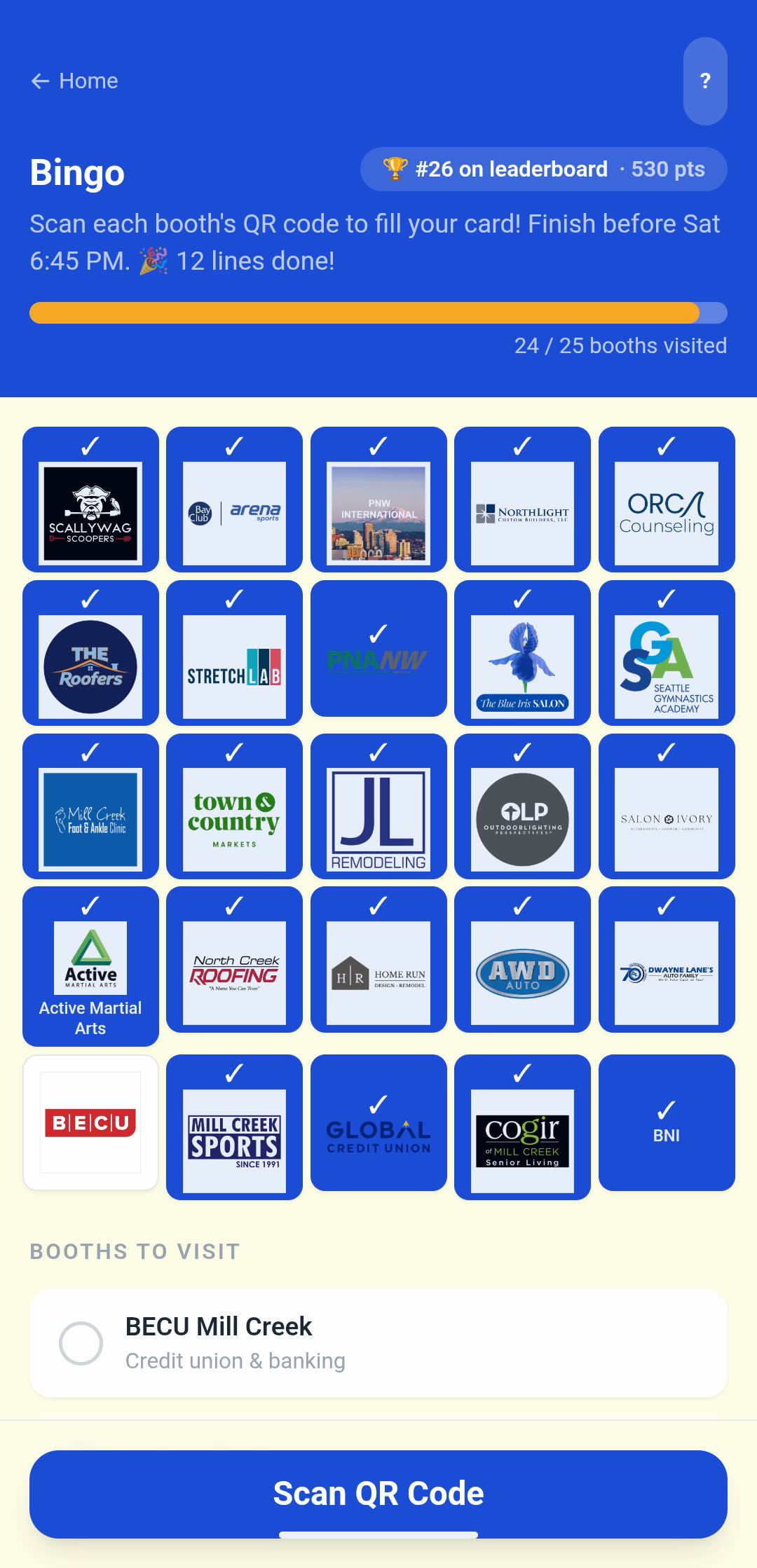 MoveNSeek booth bingo card, 24 of 25 sponsor booths checked off