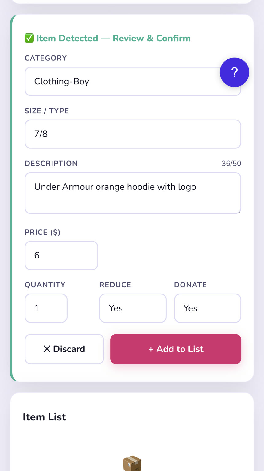 SnapTag listing filled in: Clothing-Boy, size 7/8, Under Armour orange hoodie with logo, $6